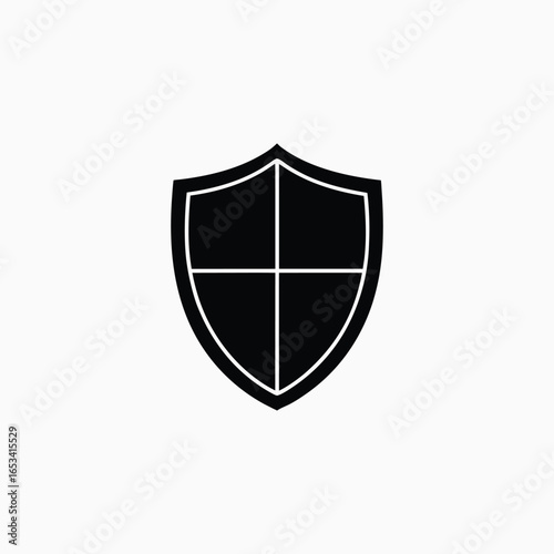 Black shield icon with internal cross division on white background
