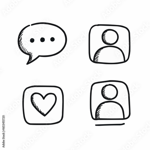 Hand-drawn icons of conversation, user profile, and heart symbols  