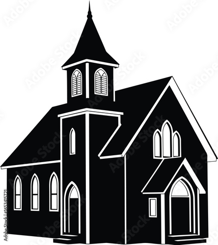 Black silhouette of classic church with steeple isolated on transparent background