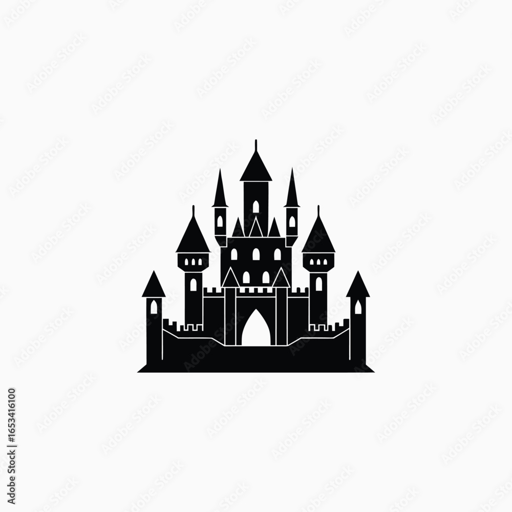 Obraz premium Black silhouette of a medieval castle with towers and gate