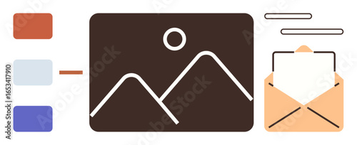 Open envelope with image thumbnail, geometric elements, and text. Ideal for email management, visual messaging, file sharing, content delivery, business communication, workflow simple flat metaphor