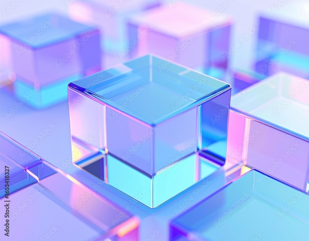 Obraz premium Light blue d background with glass holographic transparent cube blocks render Abstrac
