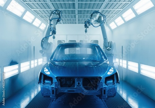 Automated car painting line with robotic arms