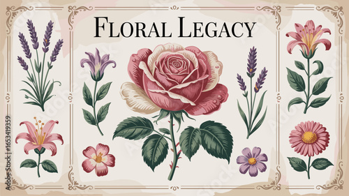 Vintage floral illustration with rose lavender and lilies