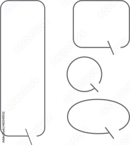 A set of simple speech bubbles for multiple images. Each of these shapes also has a gap in its outline. The square has a gap at the top right, with an arrow pointing downward. Gray color.