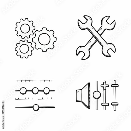 Technical tools and controls in line art style for design purposes  