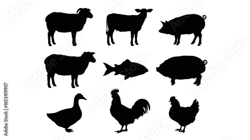Silhouette farm livestock animal set vector illustration sheep cow pig chicken duck fish graphic design art