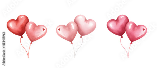 Watercolor balloon set with romantic heart symbols for greeting cards and celebrations.
