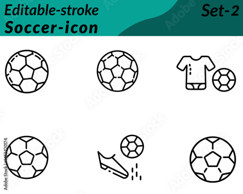 Soccer icon character in bold vector style, featuring a classic black-and-white soccer ball goalpost and dynamic player silhouette in action kick or dribble pose. Can include whistle cleats or trophy.