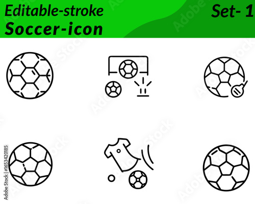 Soccer icon character in bold vector style, featuring a classic black-and-white soccer ball goalpost and dynamic player silhouette in action kick or dribble pose. Can include whistle cleats or trophy.