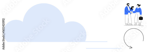 Cloud with two people collaborating, folder, and curved arrow symbolizing data sharing, teamwork, innovation, and connection. Ideal for networks, technology, cooperation management communication