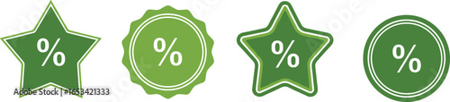 Green percentage icons set, star, badge, and circle shapes, discount and sale symbols, promotion label graphics, offer sign, price tag emblem