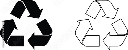 Recycling symbol icons, solid and outline styles, black eco signs, environmental conservation graphic, waste management, sustainability, eco‑friendly reuse emblem design