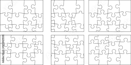 Six jigsaw puzzle silhouettes with different piece arrangements, black vector illustration for educational, recreational, brain‑teaser, and game design concepts