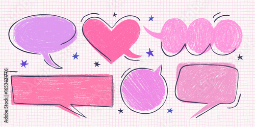 Crayon speech bubble vector set in pink and purple on checkered background with stars. Hand drawn talk and heart elements in cute cartoon style. Use for kids prints, stickers, scrapbooking