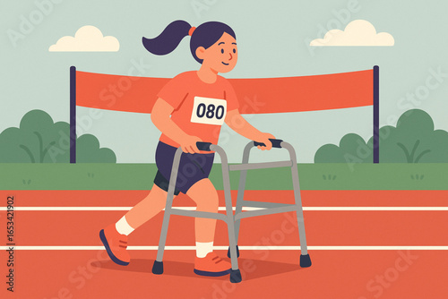 Girl with Walker Participating in Race Flat Animated Illustration