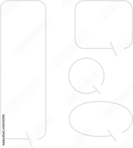 A set of simple speech bubbles for multiple images. Each of these shapes also has a gap in its outline. The square has a gap at the top right, with an arrow pointing downward. Gray color.