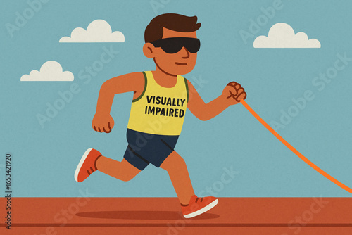 Visually Impaired Athlete Holding Guide Rope Flat Cartoon Illustration