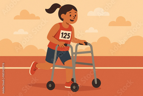 Girl with Walker Participating in Race Flat Animated Illustration
