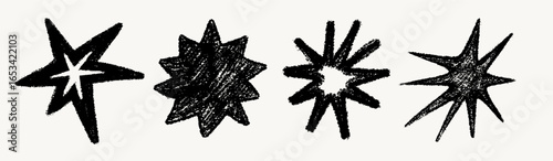 Hand drawn crayon star set with chalk pencil texture in different shapes. Textured star doodles with rough sketch style. Perfect for posters, stickers, fabric, prints