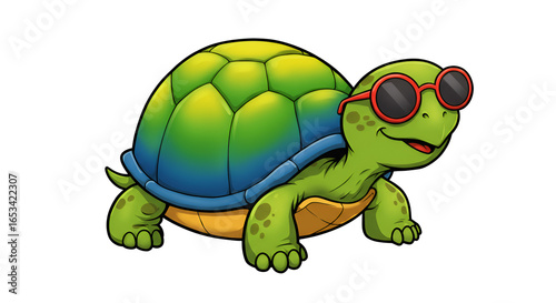 Cartoon turtle wearing sunglasses with a colorful shell, fun, cheerful, and cool appearance.