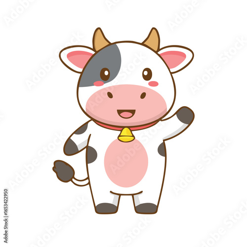 A charming cartoon illustration of a cheerful cow with a bell, waving hello. The cow has spots and a friendly smile.