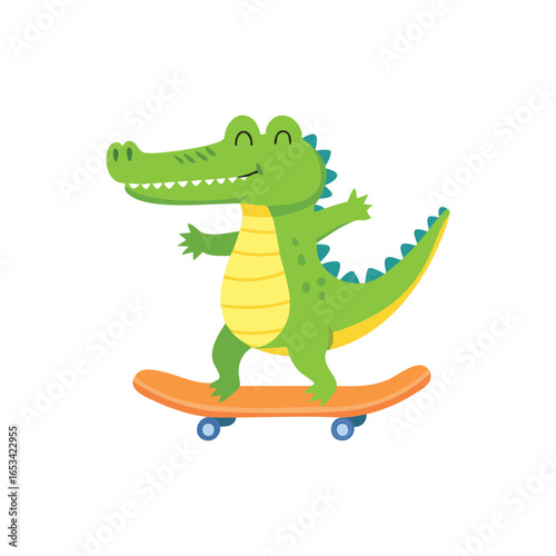 A charming cartoon crocodile joyfully skateboarding