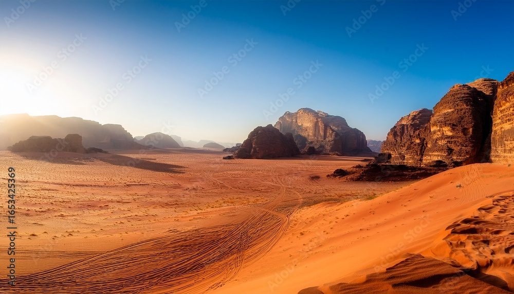 Naklejka premium dramatic desert landscape of wadi rum jordan with vast sand plains and towering sandstone mountains natural rock formations in warm afternoon light