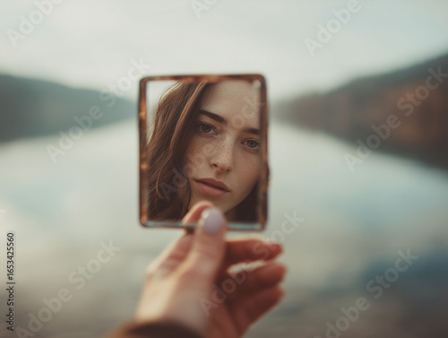 Mano sostiene un espejo pequeño que refleja parte del entorno y del individuo, en un paisaje sereno que simboliza la introspección, el autoconocimiento y la conexión emocional entre mente, naturaleza 