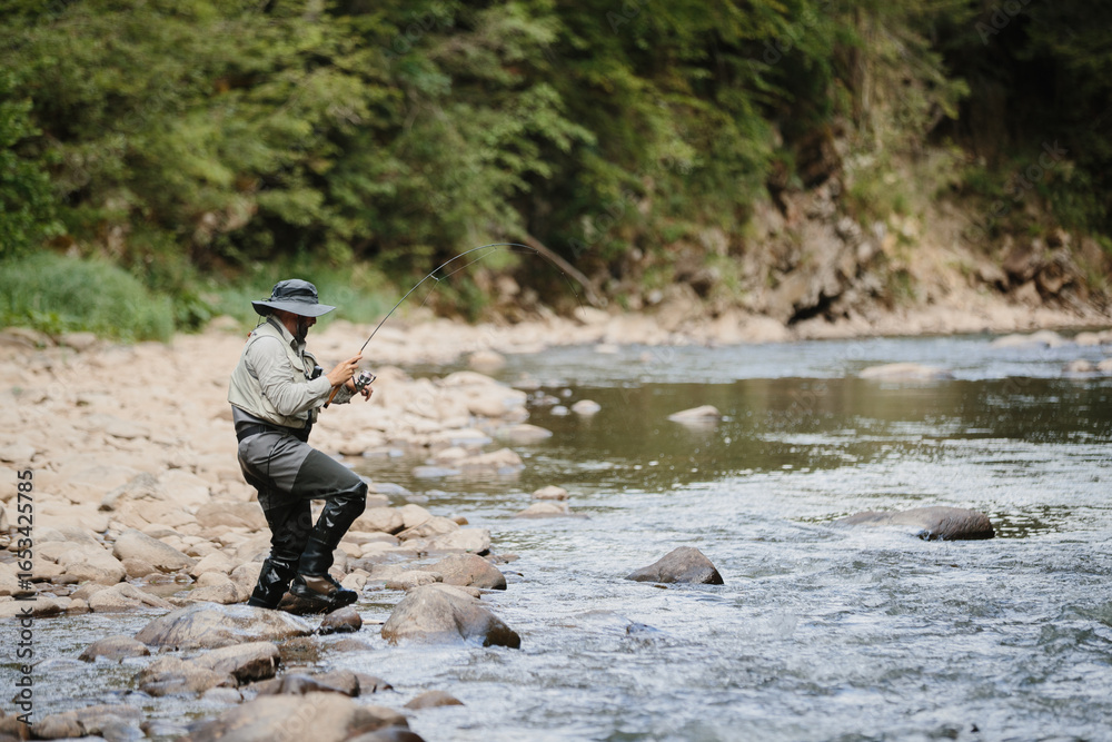 Fisherman catching trout in river, fly fishing in mountain stream Fisherman catching trout in river, fly fishing in mountain stream