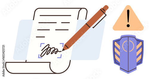 Pen signing document, security shield, and warning icon illustrating agreement, protection, and caution themes. Ideal for compliance, legality, security risk safety trust contract. Simple flat