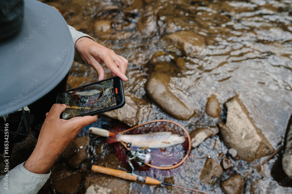 Obraz premium Fisherman photographing freshly caught trout in river