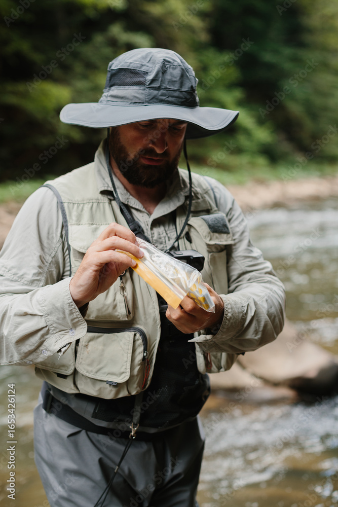 Fototapeta premium Fisherman choosing bait for trout fishing in river