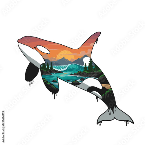 Double exposure art of an orca whale silhouette with a vibrant sunset over a mountain forest and ocean wave landscape.