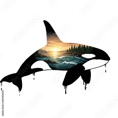 Orca Silhouette with Sunset Seascape A Stunning Double Exposure Illustration