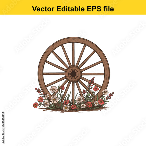 Wooden wagon wheel with red and white flowers isolated on white background