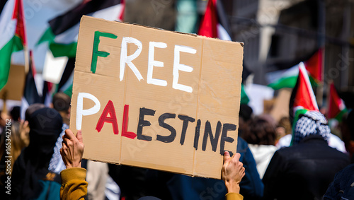 Hands and a Sign: A Close Shot of a Protester at a Rally with Flags and a Banner.