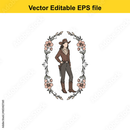 Cowgirl in western outfit with floral frame isolated on white background
