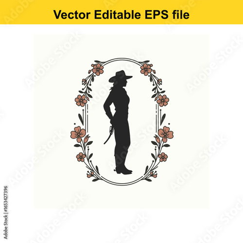 Cowgirl silhouette in western outfit with floral frame isolated on white background