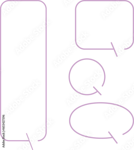 A set of simple speech bubbles for multiple images. Each of these shapes also has a gap in its outline. The square has a gap at the top right, with an arrow pointing downward. Pink color.