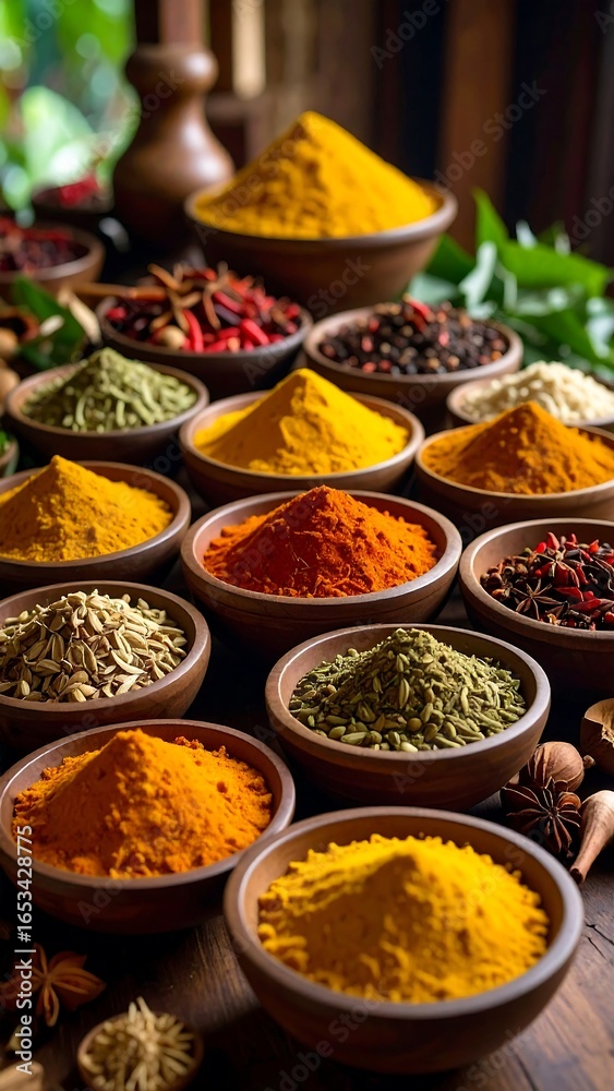 Fototapeta premium Colorful array of spices in small bowls