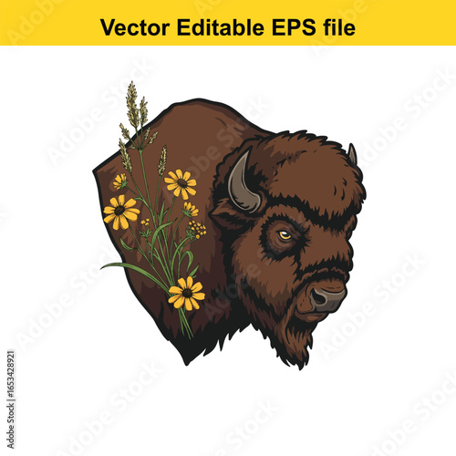 Bison head with flowers isolated on white background