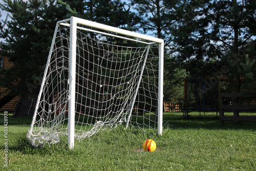 White soccer goal with net and colorful ball on grass field in park setting with trees background, outdoor sports recreation area. Concept of sports equipment, youth programs, recreational facilities.