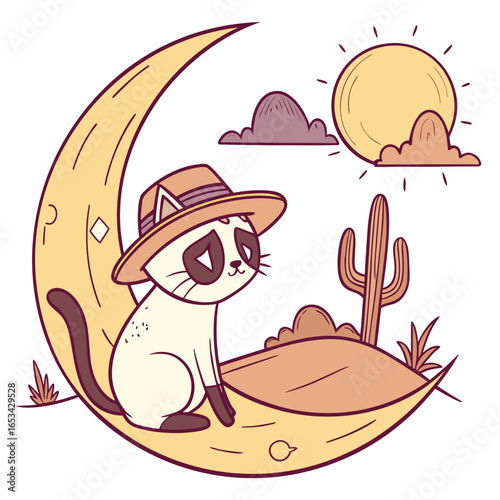 Sundown Glow themed SVG: Peaceful Grumpy Cat with sitting on a moon in a Desert sunset environment