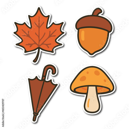 Autumn themed sticker set with maple leaf, acorn, umbrella, and mushroom illustrations.