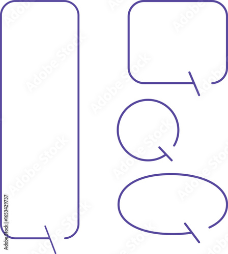 A set of simple speech bubbles for multiple images. Each of these shapes also has a gap in its outline. The square has a gap at the top right, with an arrow pointing downward. Purple color.