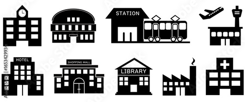 学校・体育館・駅・空港・ホテル・ショッピングモール・図書館・工場・病院の建物アイコンセット