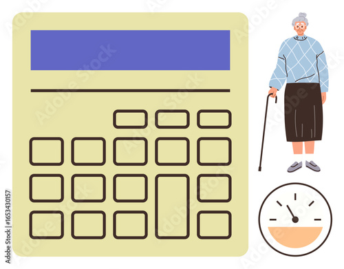 Calculator, elderly woman with cane, and clock emphasizing financial planning, time management, and retirement budgeting. Ideal for finance, retirement, senior support, savings pensions aging