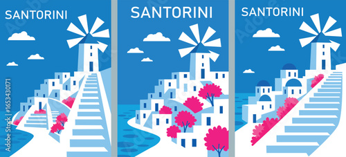 Santorini Windmills and White Houses for travel posters, postcards, wall art, or images about Greece, Mediterranean islands, and summer vacations.