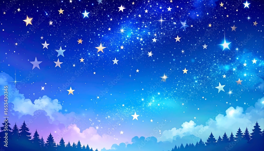 Naklejka premium Night sky over a forest. Stars and clouds